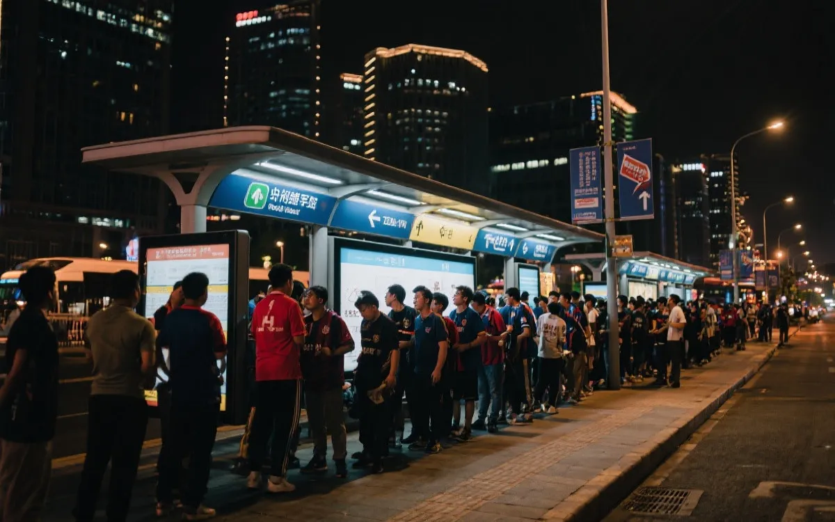 比赛结束后球迷在公共交通站点排队，城市夜景与指示牌清晰，纪实摄影风格