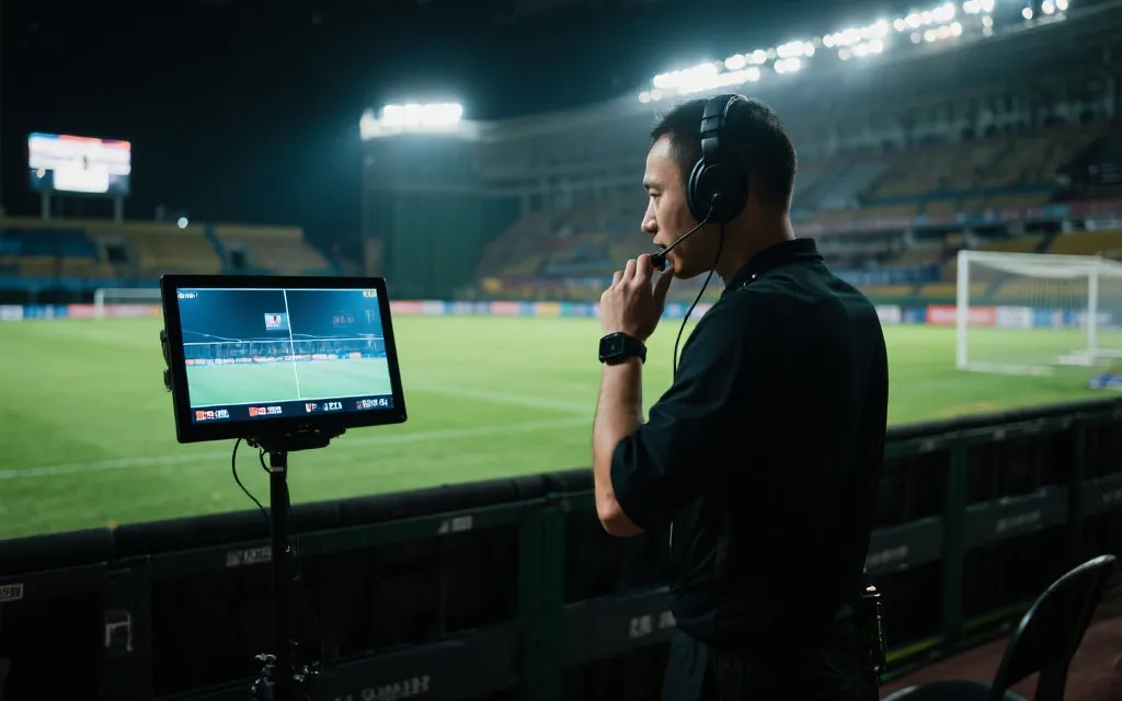 VAR回放屏幕与裁判沟通的现场感画面，强调技术介入与决策压力